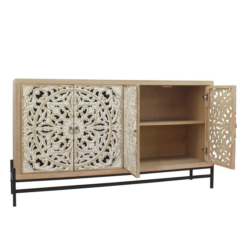 4 Door Wood Cabinet, Vintage Carved Wood with Metal Base by HouseOfZazla