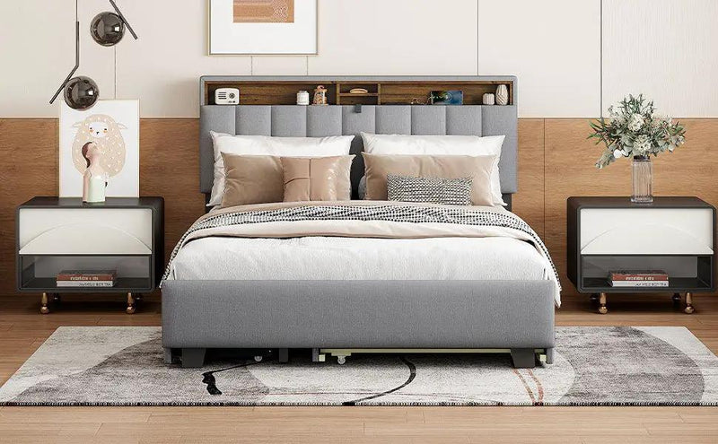 Upholstered Platform Bed With Storage Headboard, Trundle & 2 Drawers And A Set Of Sockets & USB Ports by HouseOfZazla