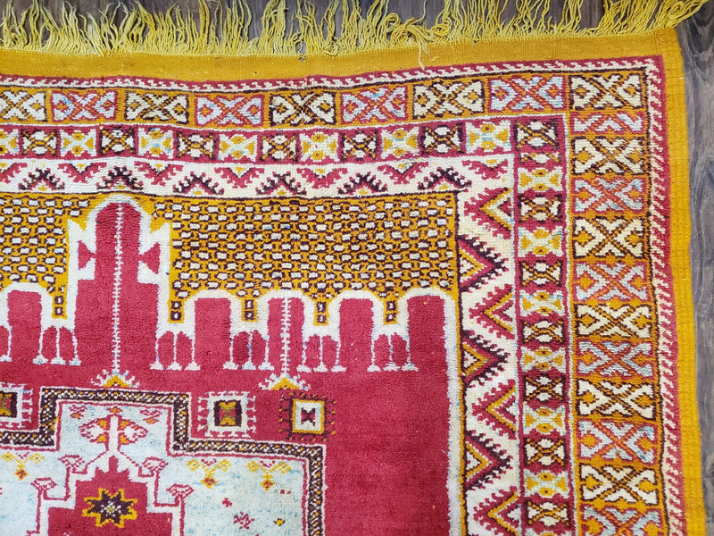 Vintage Moroccan Rug 6x10, Red and Yellow Moroccan Carpet, Handmade Bohemian Tribal Area Rug, Hand-Knotted 1970s Wool Rug, Medalions by Jewel Rugs