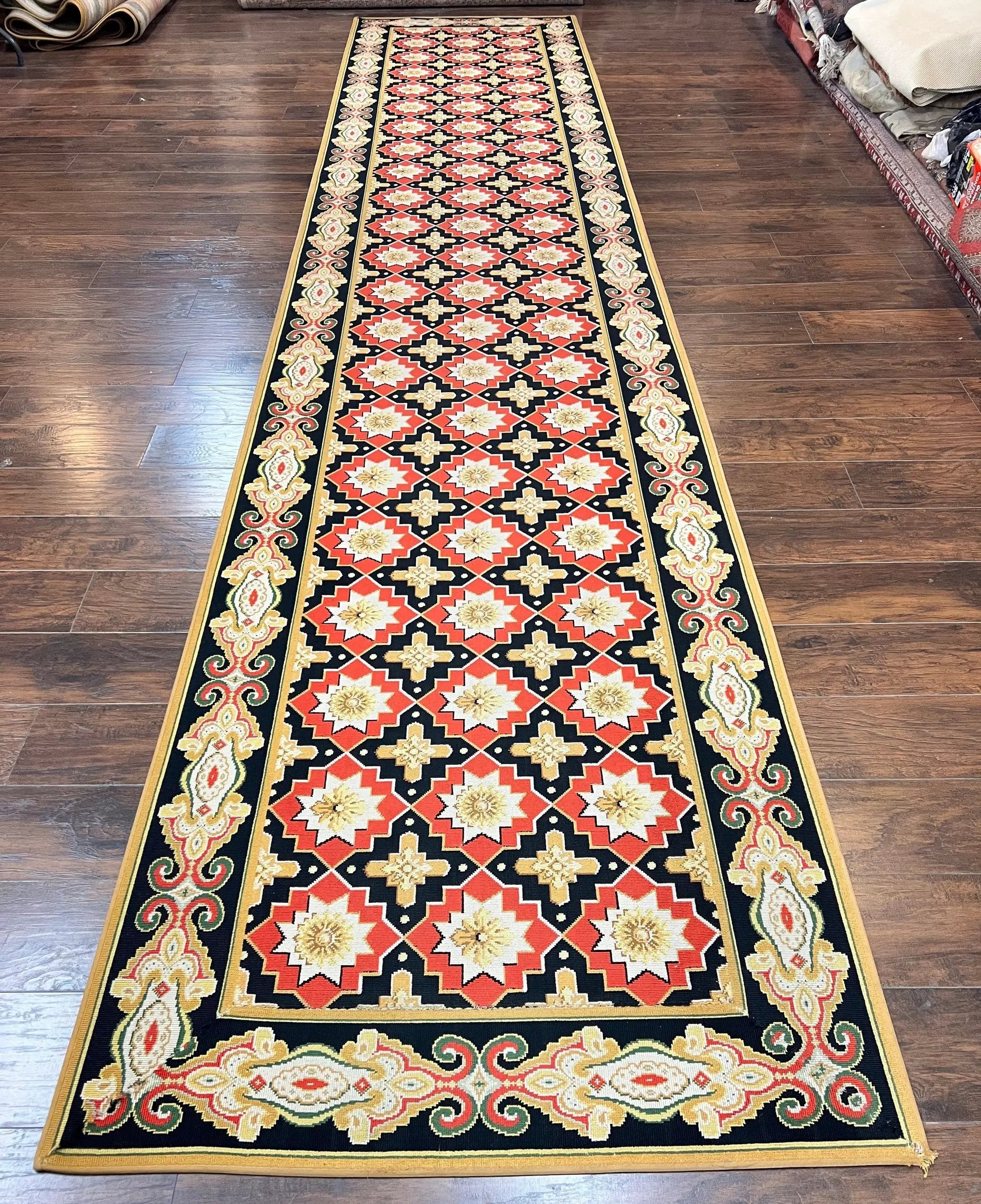 Runner Rug 4x19, Panel Design Rug, Custom Made Stark Runner Carpet, Wool, Vintage 4 x 19 Hallway Rug, European Design, Red Black Ivory Tan by Jewel Rugs