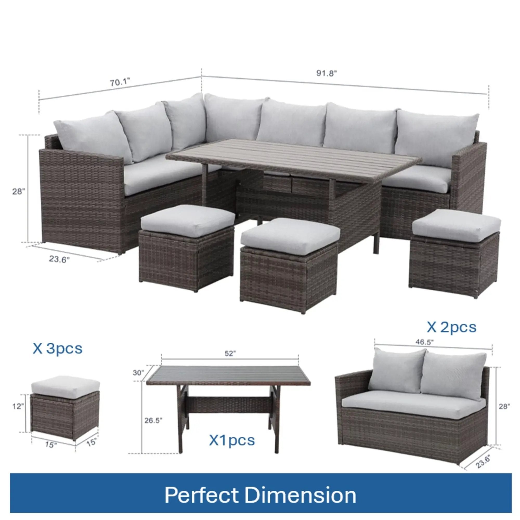 7 Piece Outdoor Dining Set With Cushions, Modular Sectional Sofa And Table by HouseOfZazla