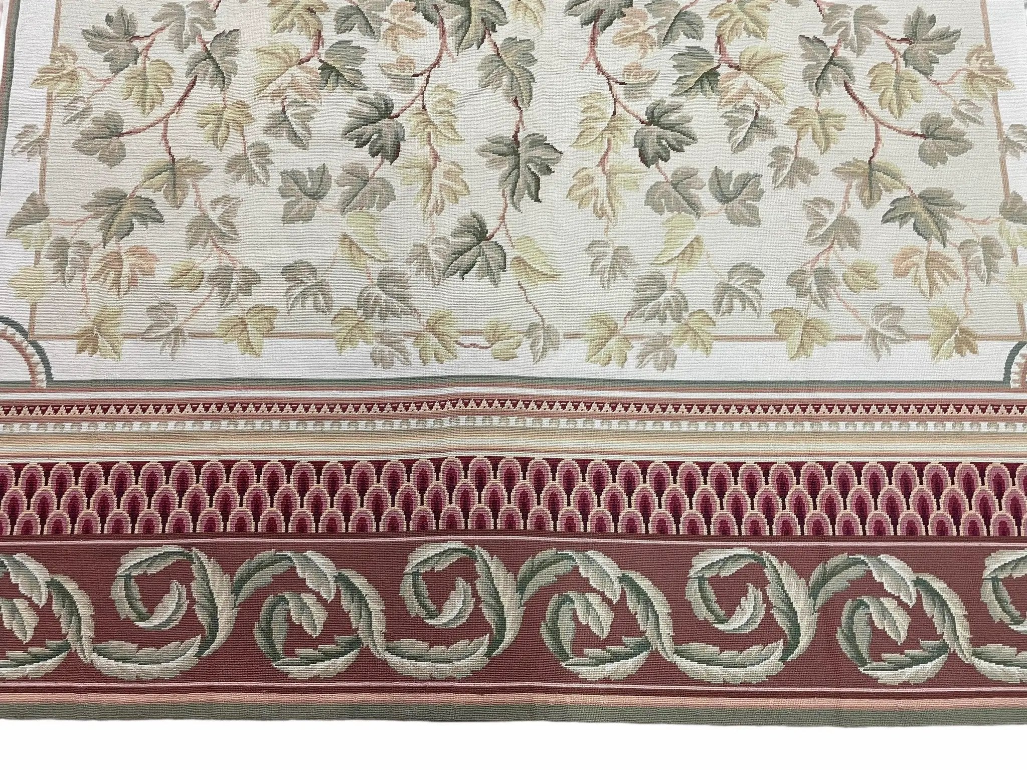 Aubusson Needlepoint Rug 9x12, Flatweave Carpet, Leaves, Wool, New, Handmade by Jewel Rugs
