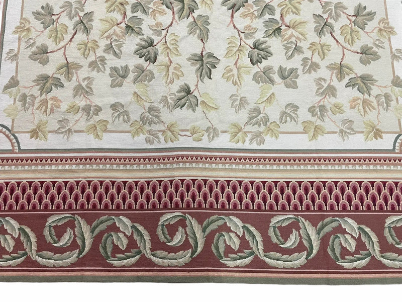 Aubusson Needlepoint Rug 9x12, Flatweave Carpet, Leaves, Wool, New, Handmade by Jewel Rugs