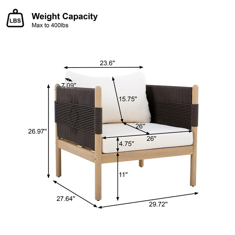Outdoor Acacia Wood Club Chair with Diamond Rope Weave & Cushions, Light Teak by HouseOfZazla