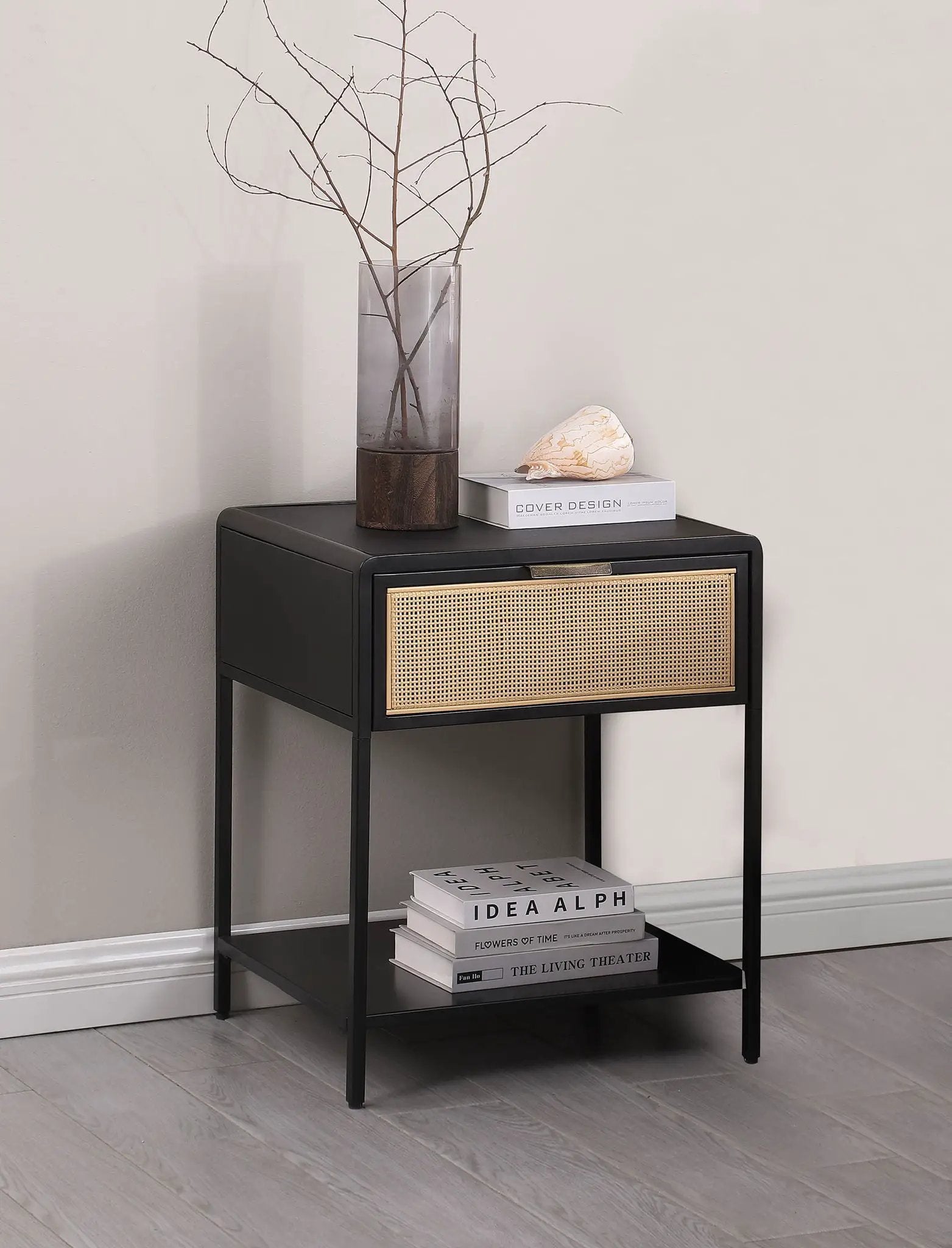 Amherst 1-drawer Radio Weave Cane Metal Bedside Table Black by Unique Piece Furniture