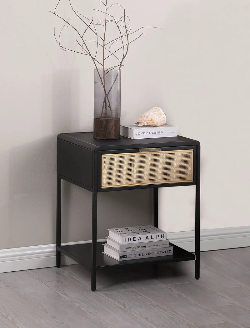 Amherst 1-drawer Radio Weave Cane Metal Bedside Table Black by Unique Piece Furniture