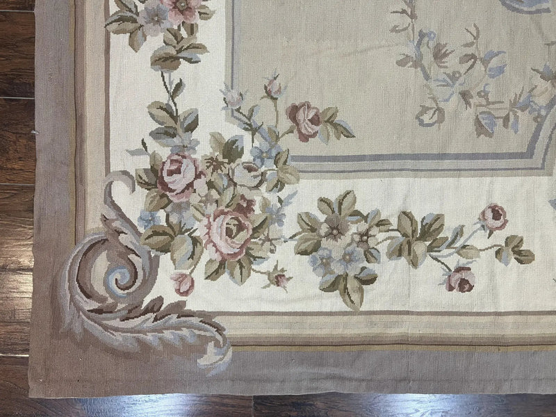 Aubusson Needlepoint Rug 9x12, VIntage Handmade Wool Beige Floral European Elegant Rug 9 x 12, Floral Roses by Jewel Rugs