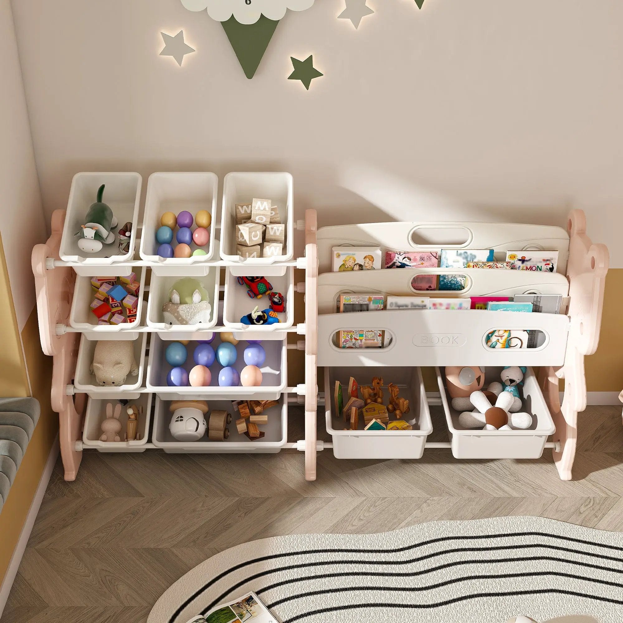 Kids Toy Storage Organizer With 2 Tier Bookshelf, Toy Storage With 12 Bins by Unique Piece Furniture