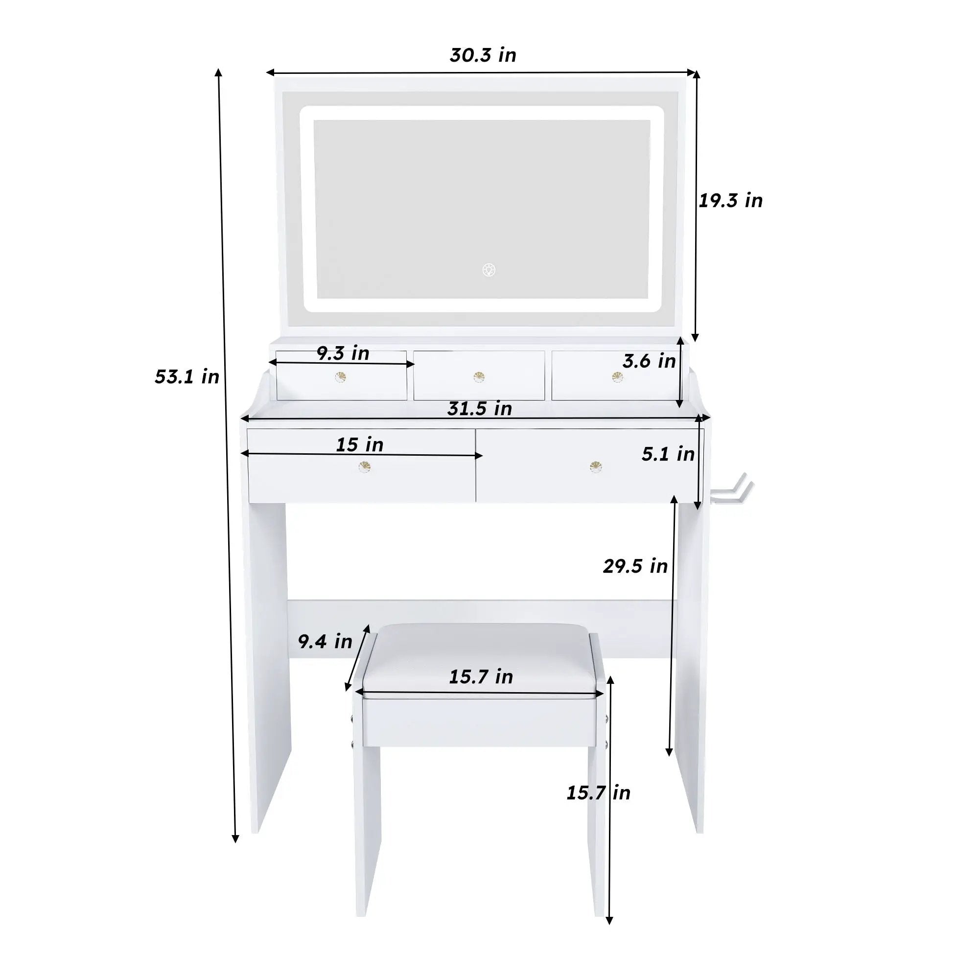 Modern Makeup Vanity Set With Power Outlet, Hair Dryer Holder, And Adjustable Lighting by Unique Piece Furniture