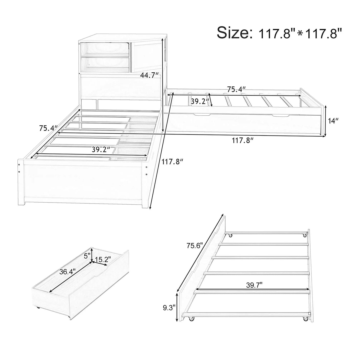 L-Shaped Bed Frame With Trundle, Built In Desk & LED Lighting by HouseOfZazla