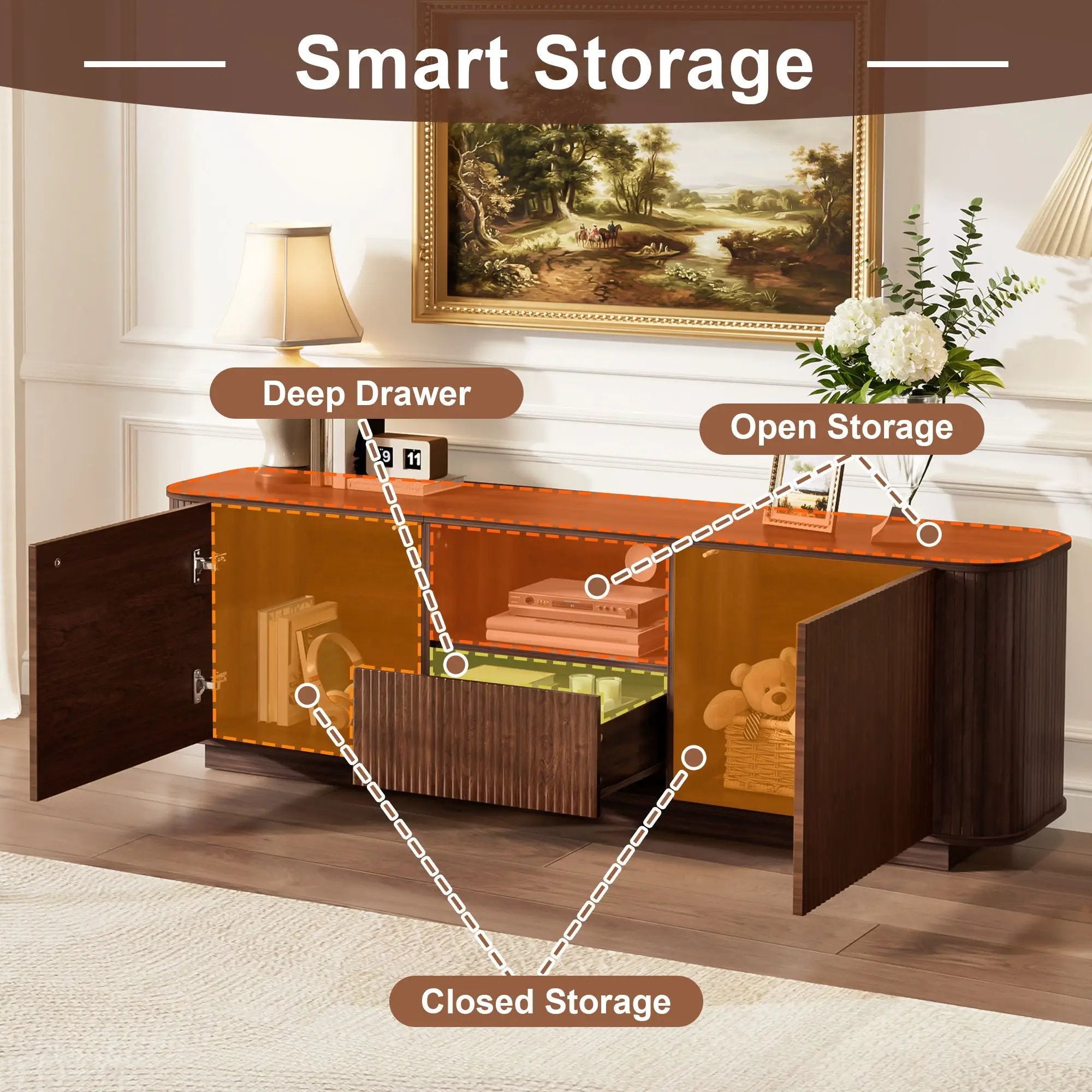 70" TV Stand With Ample Storage, Curved Corners - Dark Brown