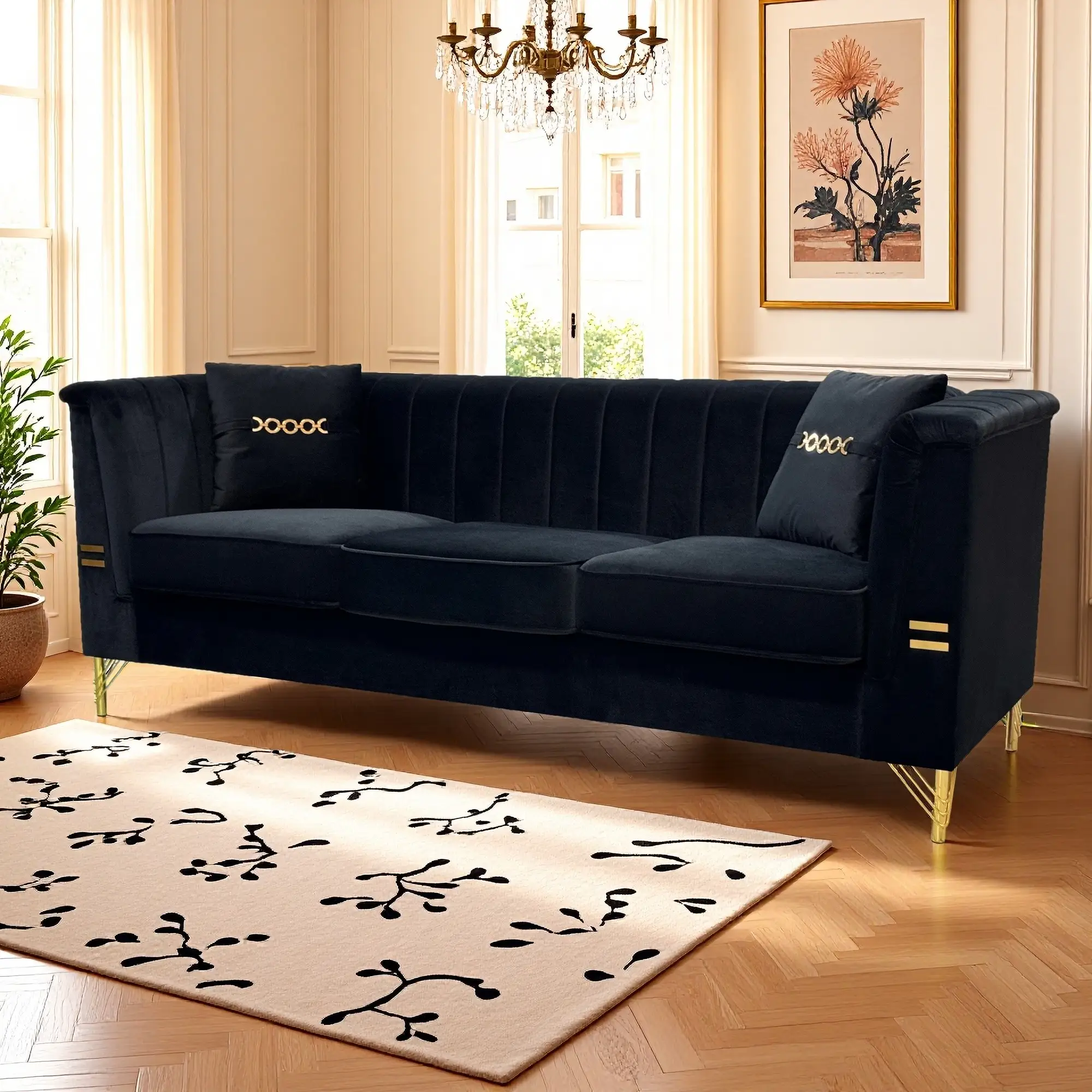 FX-P82-BK2 Modern Velvet 3-Seater Sofa with 2 Pillows by HouseOfZazla
