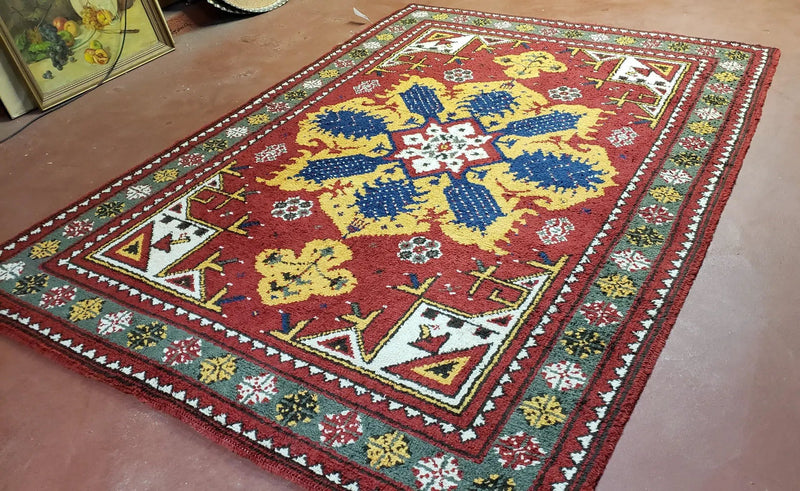 Colorful Moroccan Heriz Rug 6x9, Large Central Medallion, Red Yellow Blue by Jewel Rugs