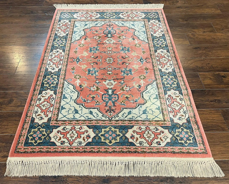Karastan Rug 4x6 Bergama Design #737, Karastan Area Rug, Vintage Wool Karastan Carpet, Original Collection 700 Series, Salmon Red Light Blue by Jewel Rugs