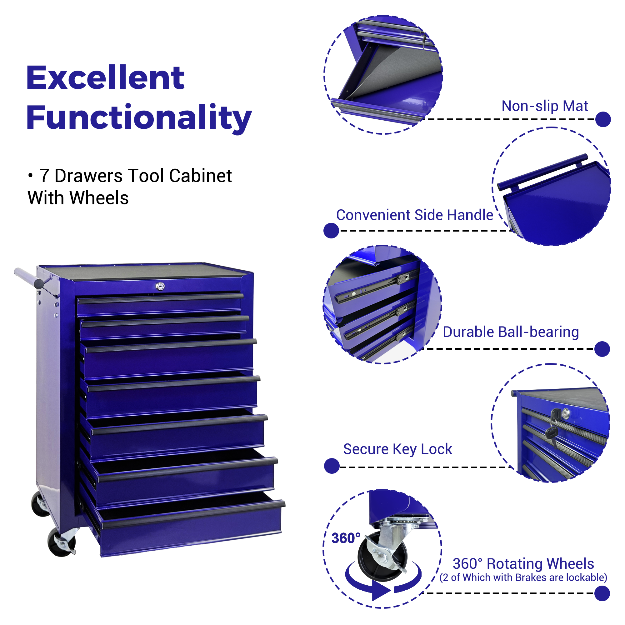Rolling Metal Tool Chest with 7 Drawers, 20" Steel Cabinet - Purple by HouseOfZazla