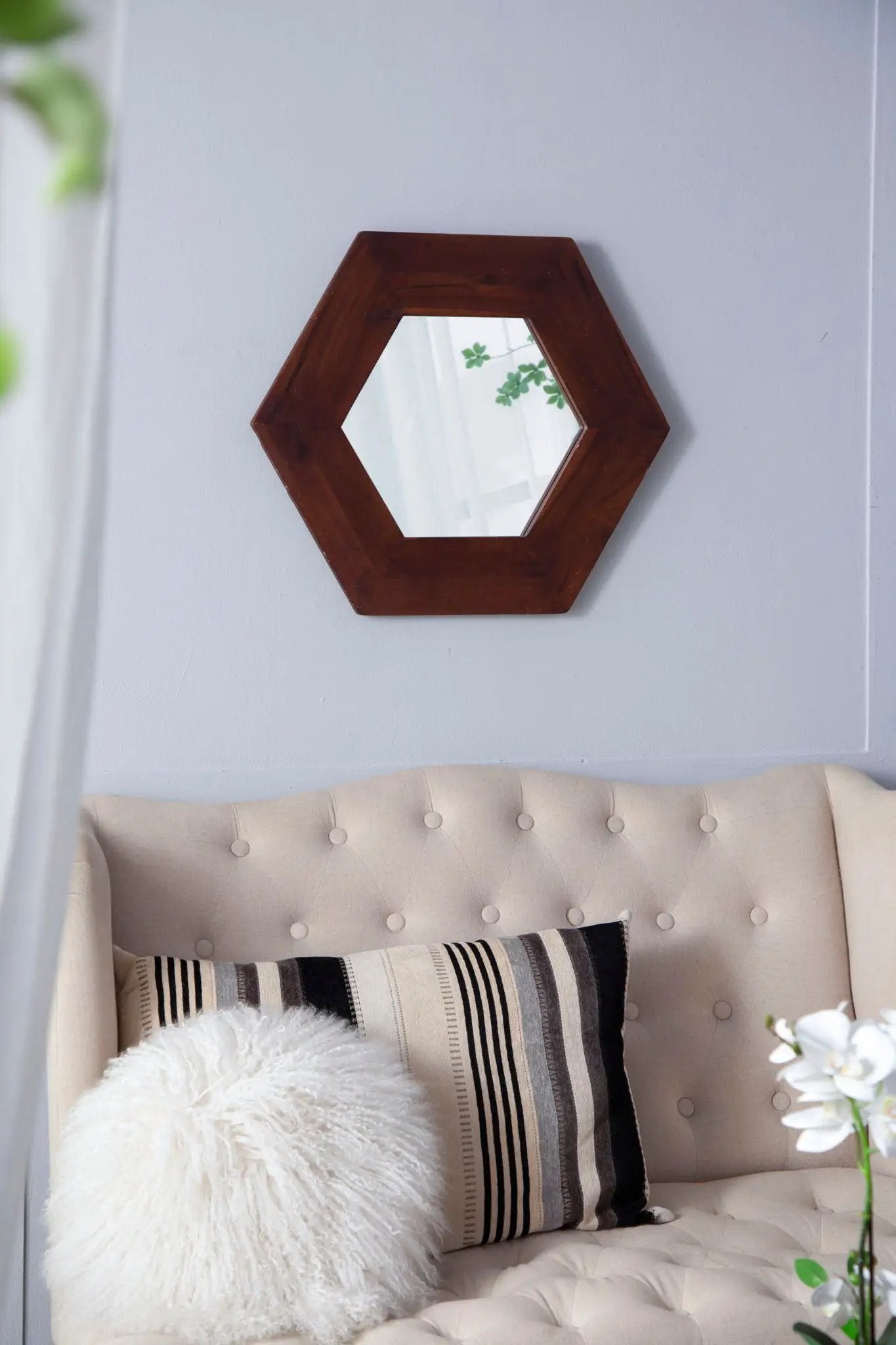 Hexagon Mirror With Natural Wood Frame, Wall Decor For Living Room Bathroom Hallway by Unique Piece Furniture