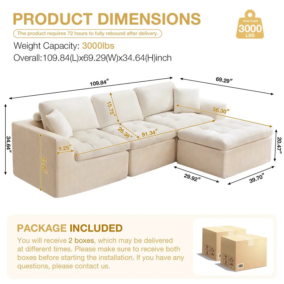 110'' Cloud Sectional Couch for Living Room by HouseOfZazla