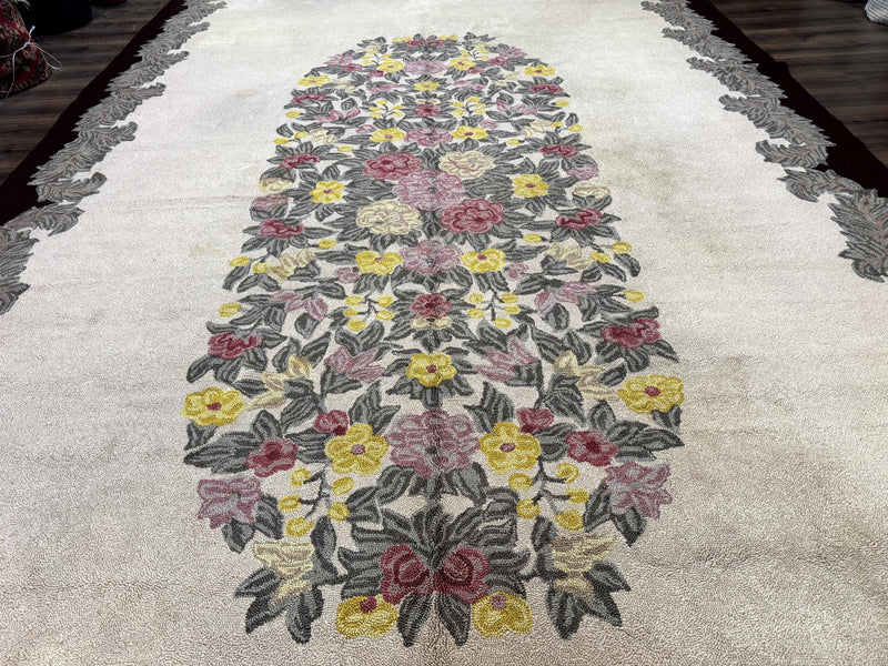 Palace Size American Hooked Rug 11x20 Aubusson Style Ivory by Jewel Rugs