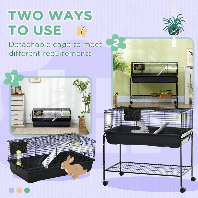 Pawhut - Two-Story Small Animal Cage Removable From Stand, Guinea Pig Cage, Hedgehog Cage, Chinchilla Cage, Ferret, With Shelf & Wheels, Pet Habitat - Black by HouseOfZazla