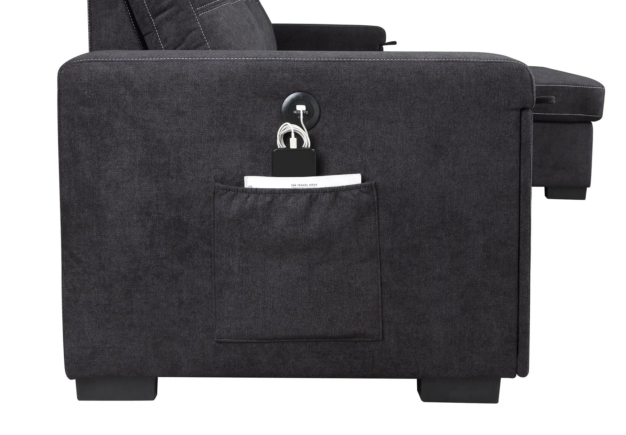 Toby - Woven Fabric Reversible Sleeper Sectional Sofa With Storage Chaise Cup Holder Charging Ports And Pockets by HouseOfZazla