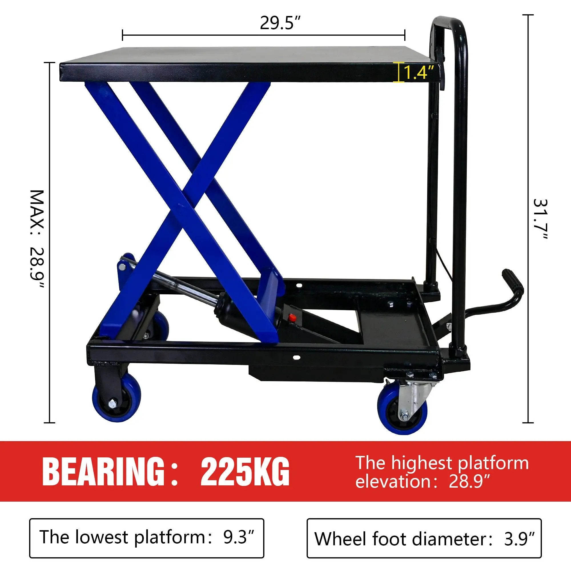 Hydraulic Lift Trolley, 500 Lbs Capacity, With 4 Wheels, For Material Handling And Transportation - Black / Blue by HouseOfZazla