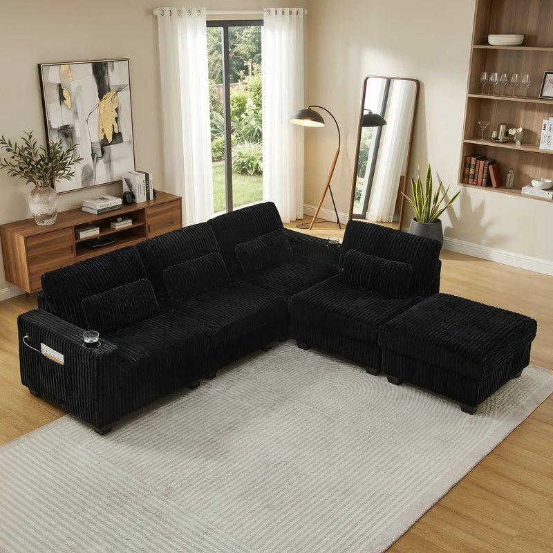 L-Shaped Corduroy Modular Sectional Sofa with Detachable Footrest by HouseOfZazla
