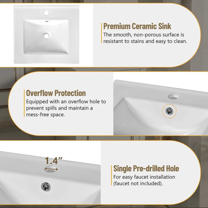 Elegant Bathroom Vanity With Ceramic Sink, Soft Close Door, Adjustable Shelf by HouseOfZazla