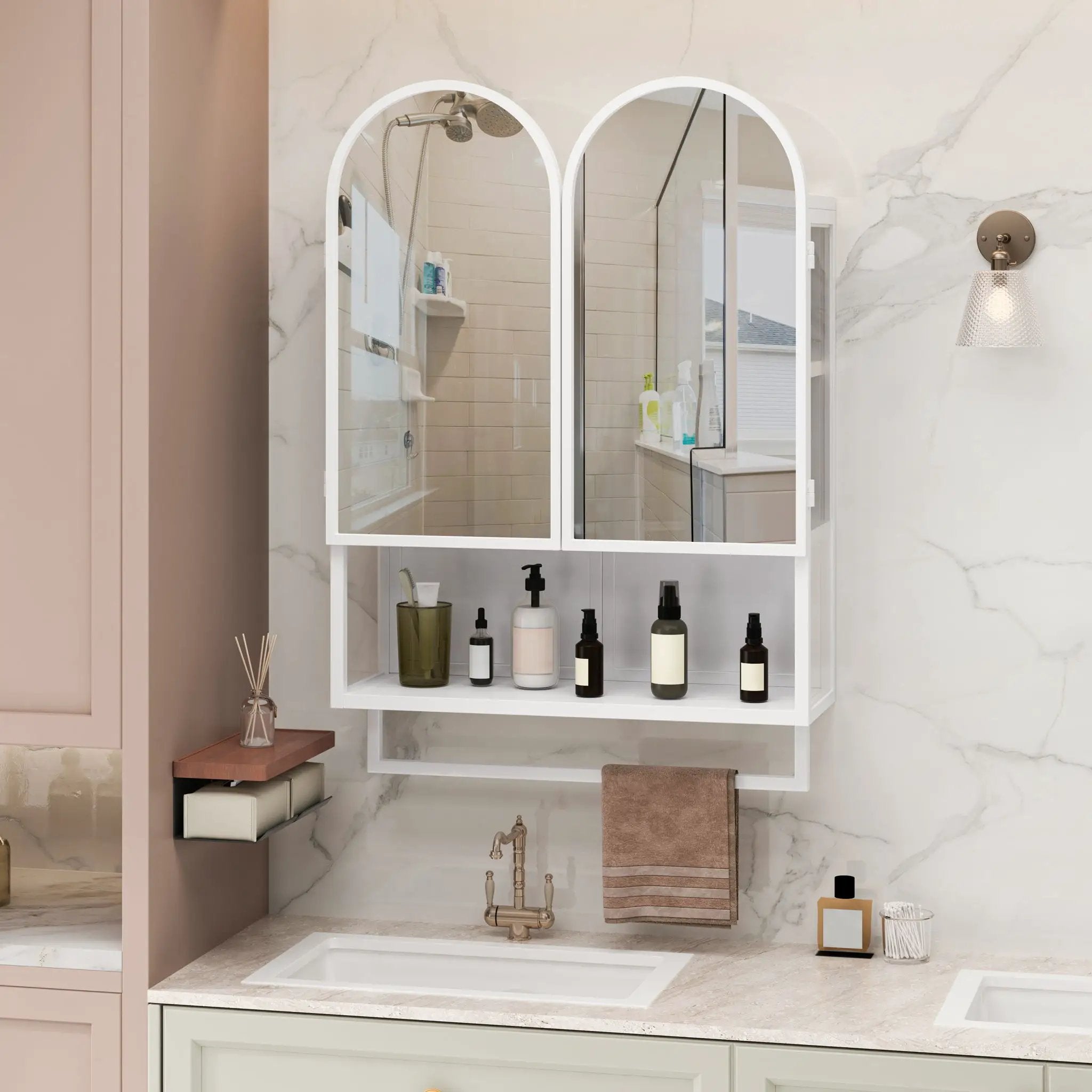 Double Arched Mirror Wall Cabinet With 2 Doors, Featuring Adjustable Shelves And Towel Rack by Unique Piece Furniture