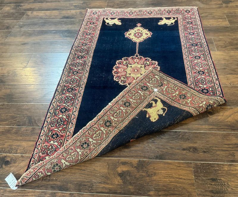 Antique Persian Mashad Rug 4x6, Semi Open Field, Navy Blue, Lion Pictorials, Triple Medallion, Dorokhsh Rug by Jewel Rugs
