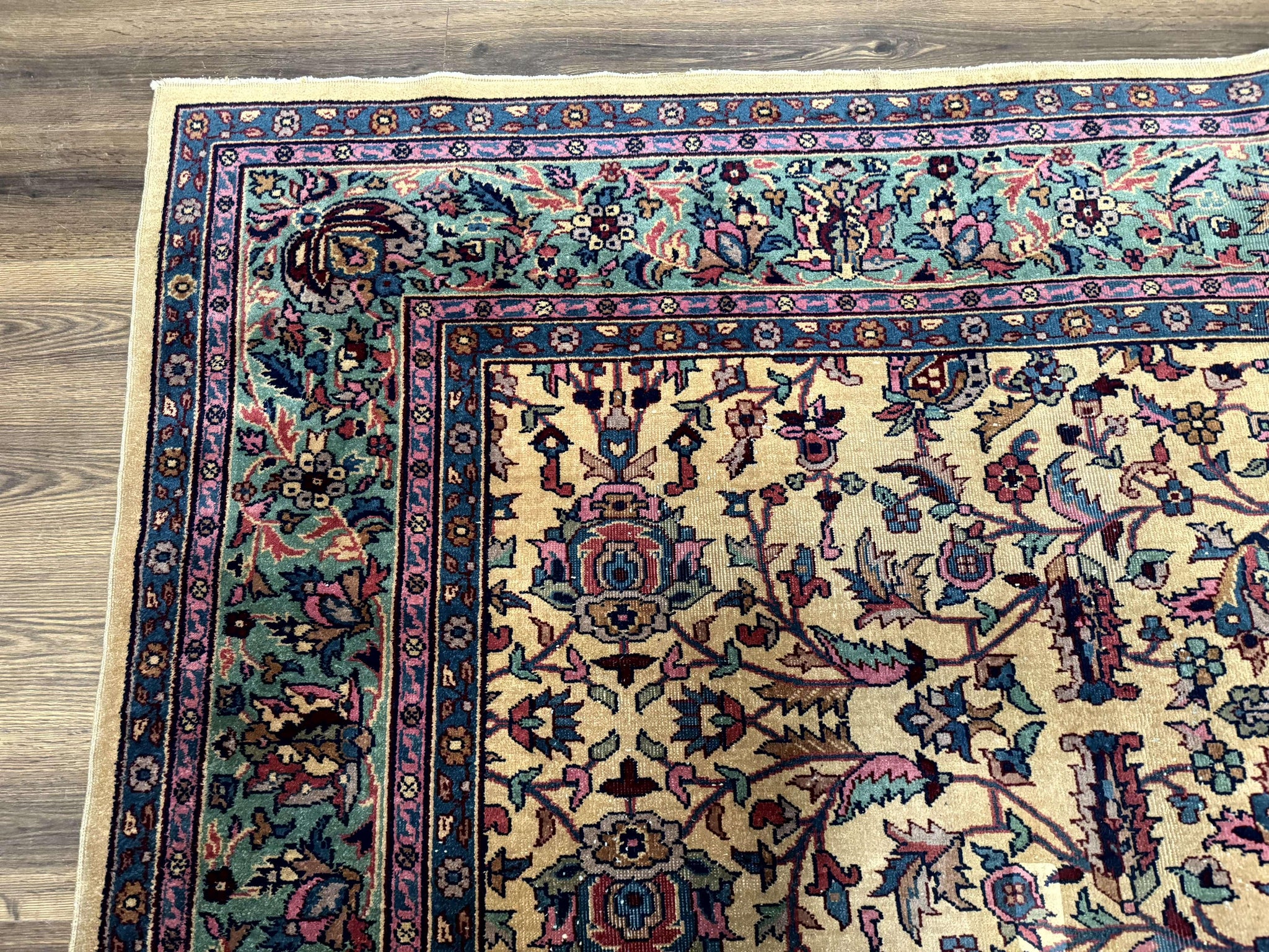 Antique Persian Rug 10x15, Camel and Cyan, Allover Pattern, Rare, Samarkand Rug by Jewel Rugs