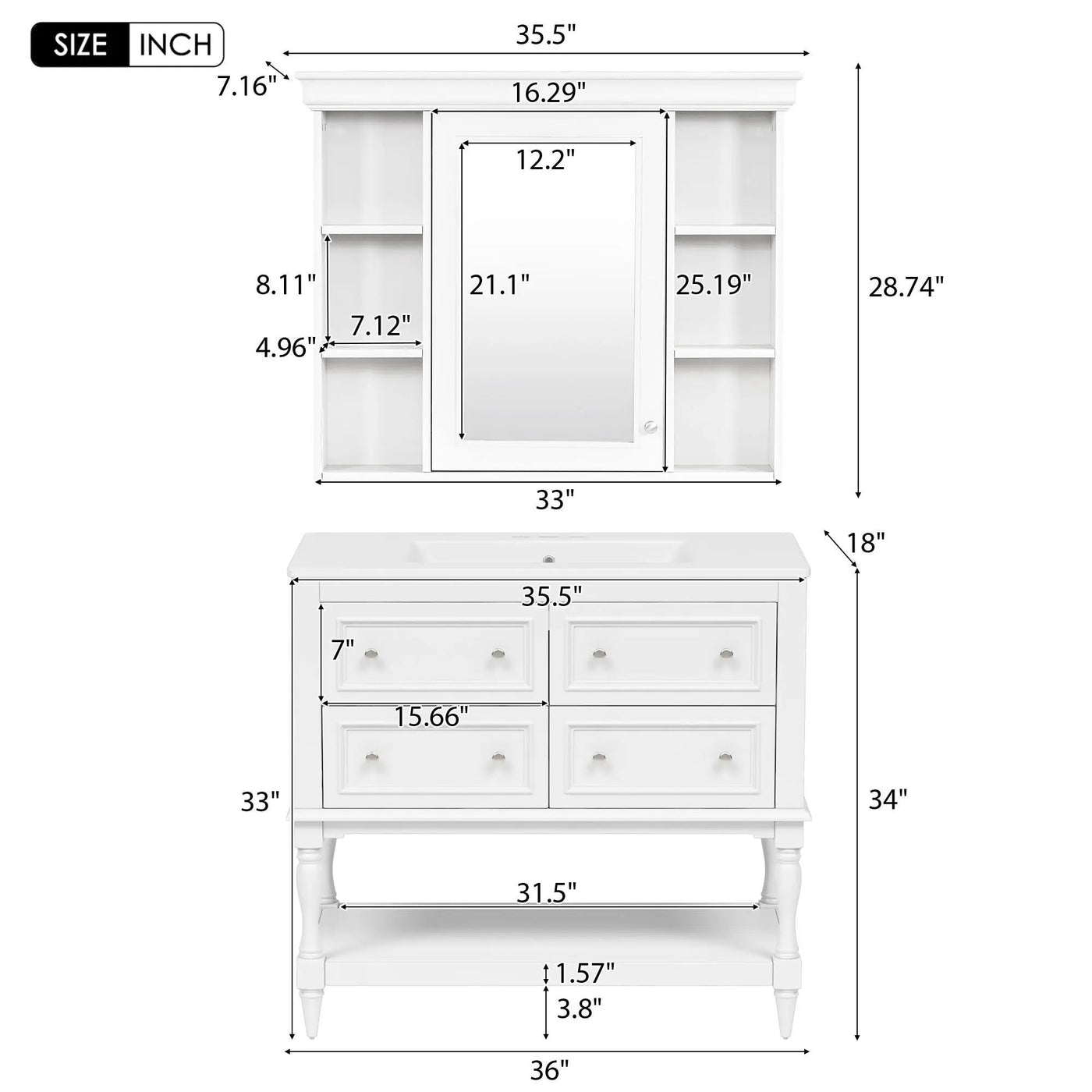 Bathroom Vanity With Medicine Cabinet, Storage Cabinet With 4 Drawers, Adjustable Shelf Mirror by HouseOfZazla