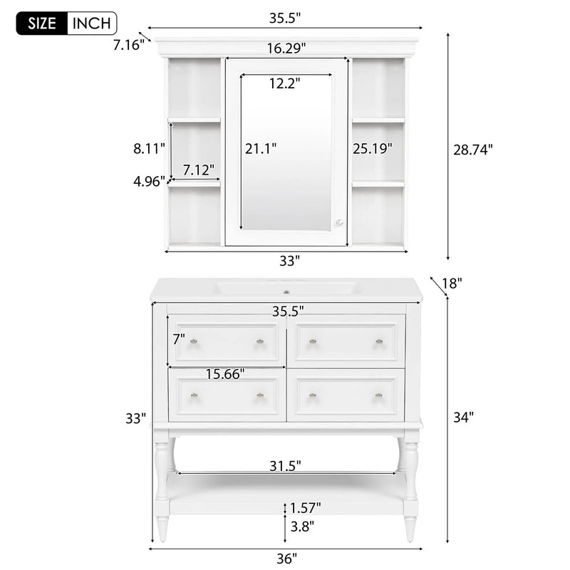 Bathroom Vanity With Medicine Cabinet, Storage Cabinet With 4 Drawers, Adjustable Shelf Mirror by Unique Piece Furniture