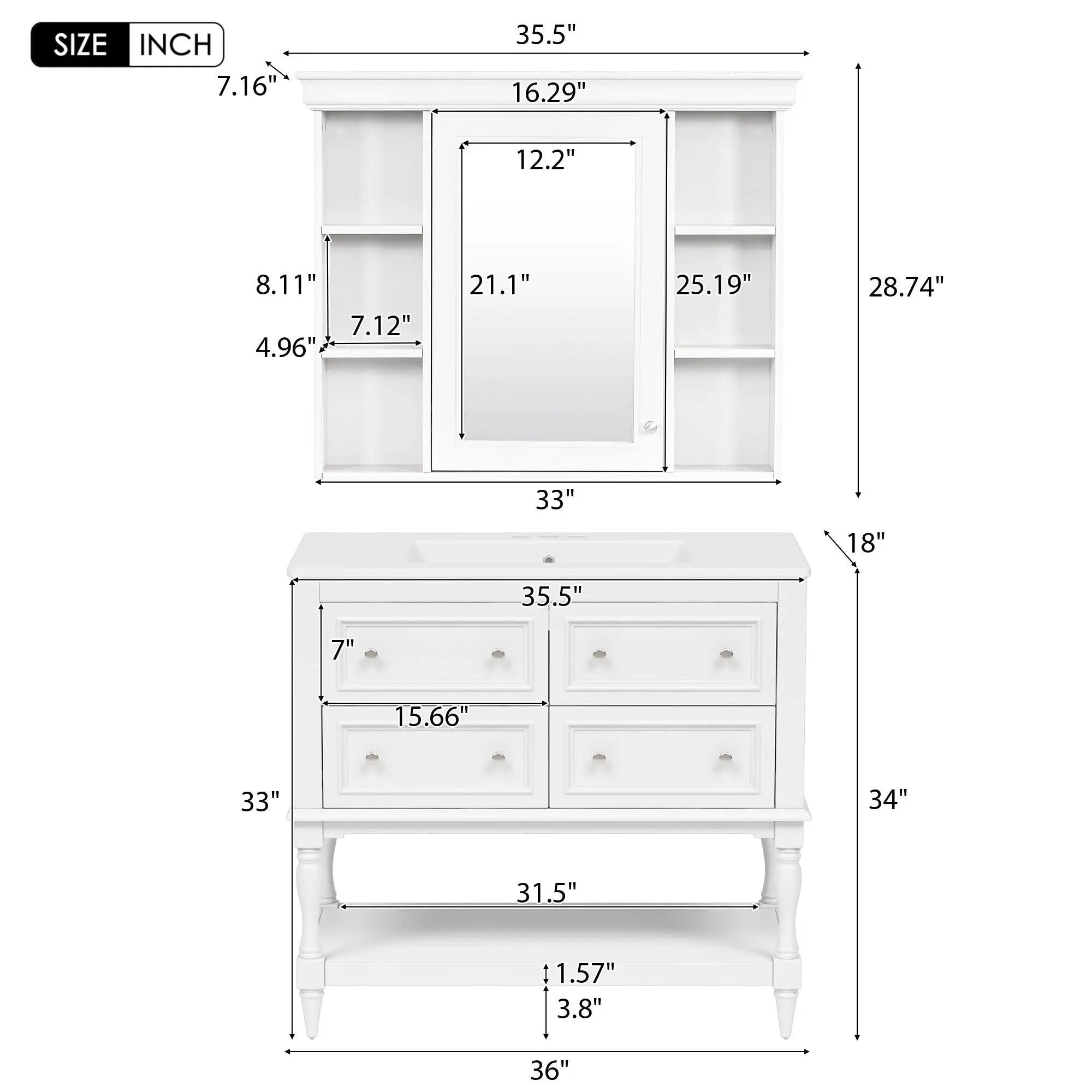 Bathroom Vanity With Medicine Cabinet, Storage Cabinet With 4 Drawers, Adjustable Shelf Mirror by Unique Piece Furniture