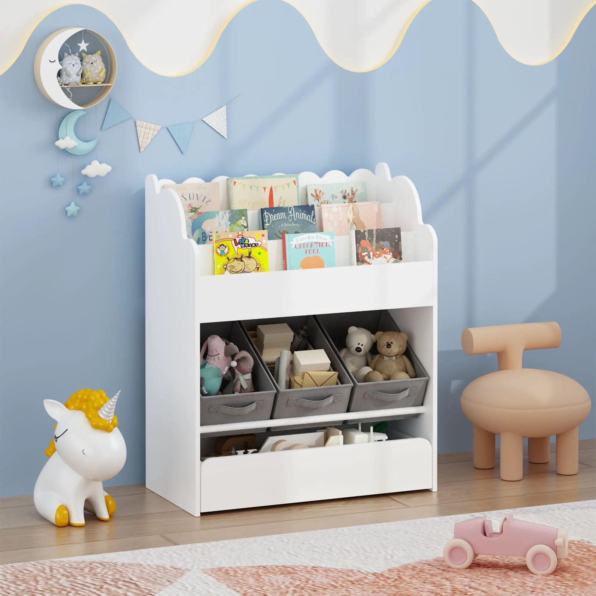 Bookshelf With Storage Bins And Drawer, Multi Functional Book Organizer For Toddlers - White by Unique Piece Furniture