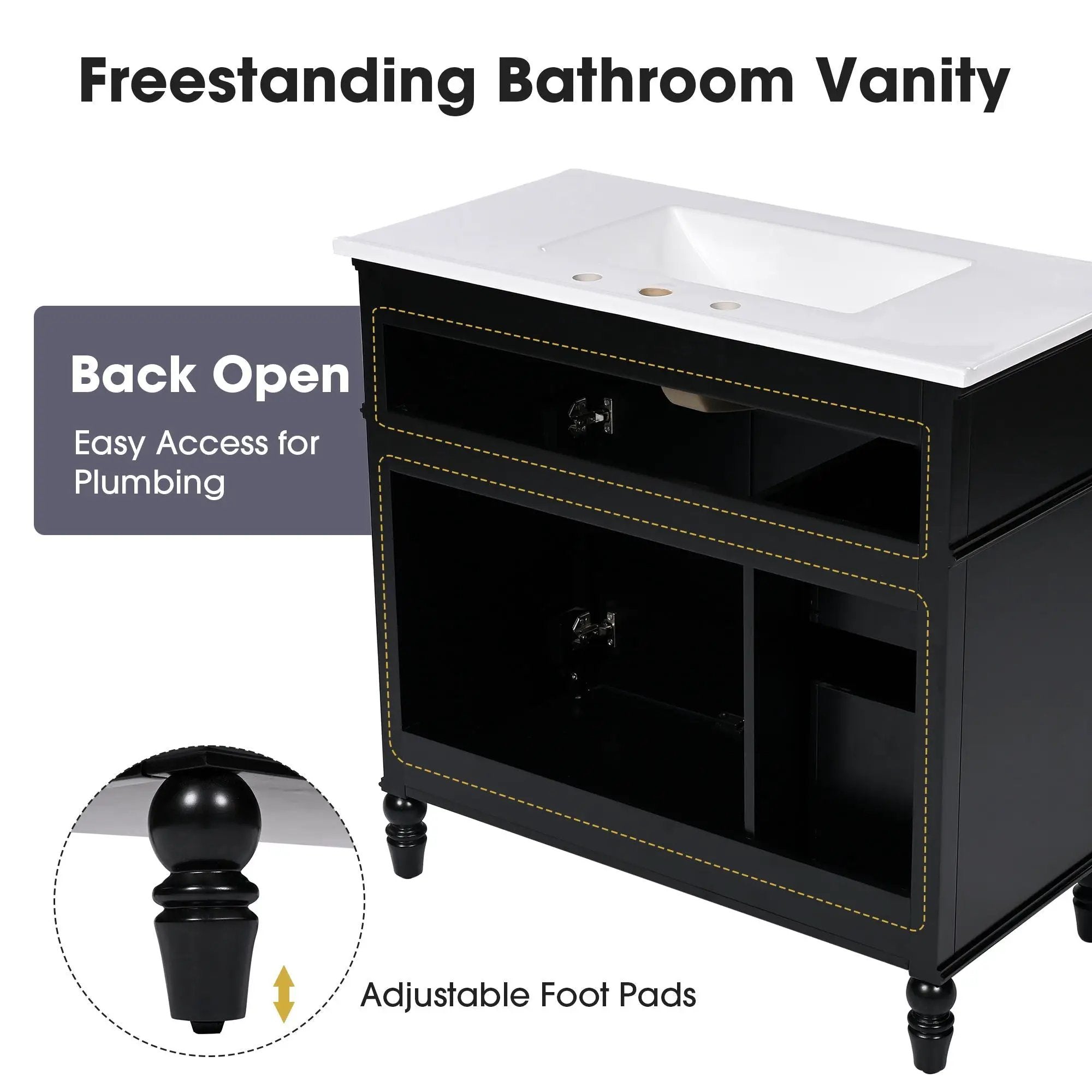 Bathroom Vanity With Sink, 2 Doors 2 Drawers, Freestanding Design by HouseOfZazla