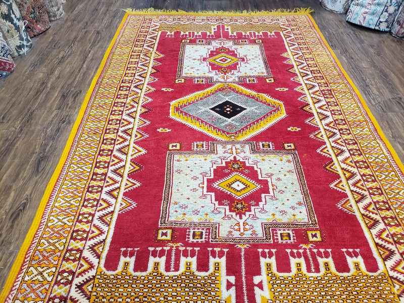 Vintage Moroccan Rug 6x10, Red and Yellow Moroccan Carpet, Handmade Bohemian Tribal Area Rug, Hand-Knotted 1970s Wool Rug, Medalions by Jewel Rugs