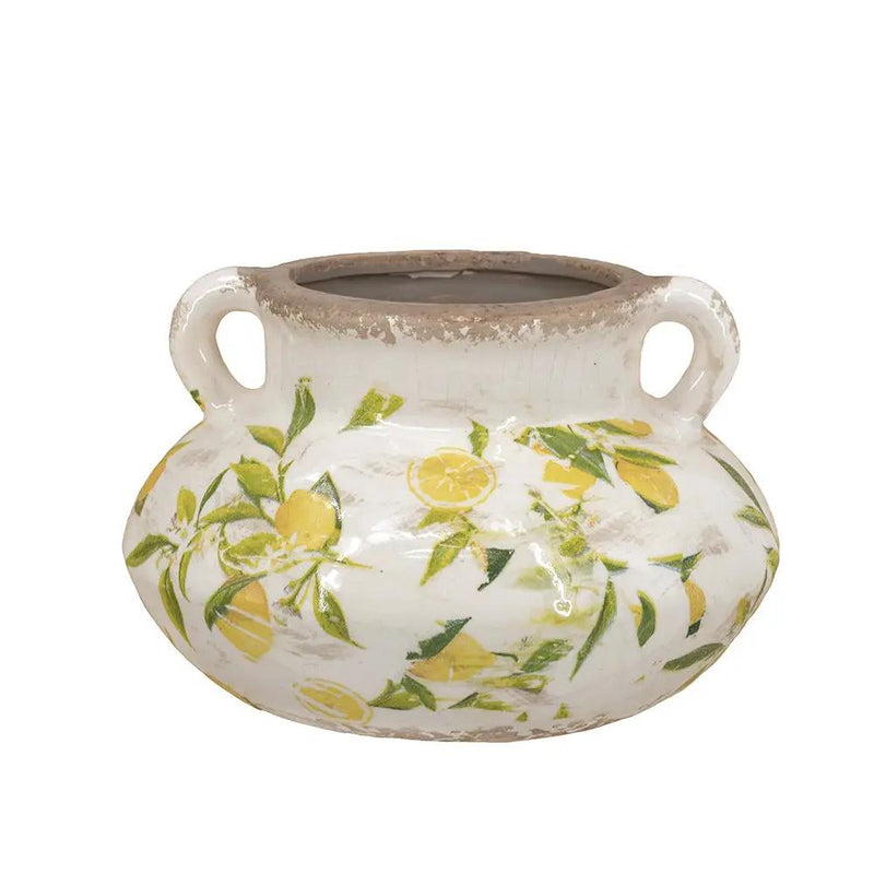 8.1x8.1x5.2" Ceramic Planter with Yellow Lemon and Green Leaf Motif by HouseOfZazla