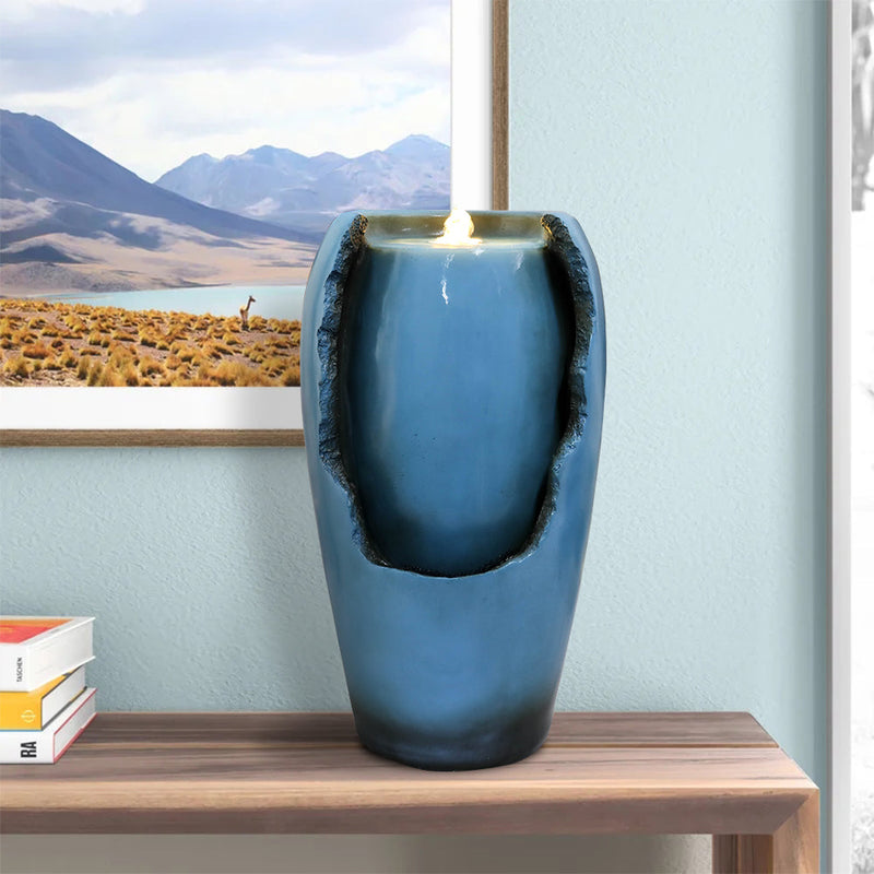 Resin Blue Vase Water Fountain Tabletop with LED