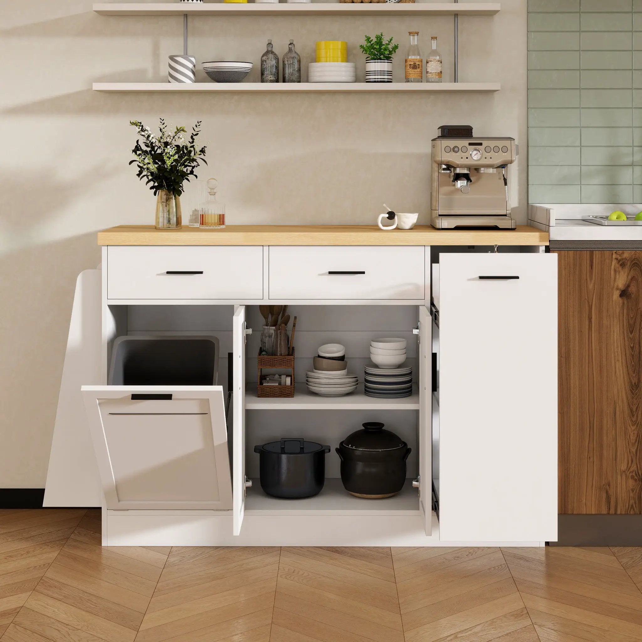 Kitchen Sideboard With Sliding Door Cabinet, 3 Tier Spice Rack by Unique Piece Furniture