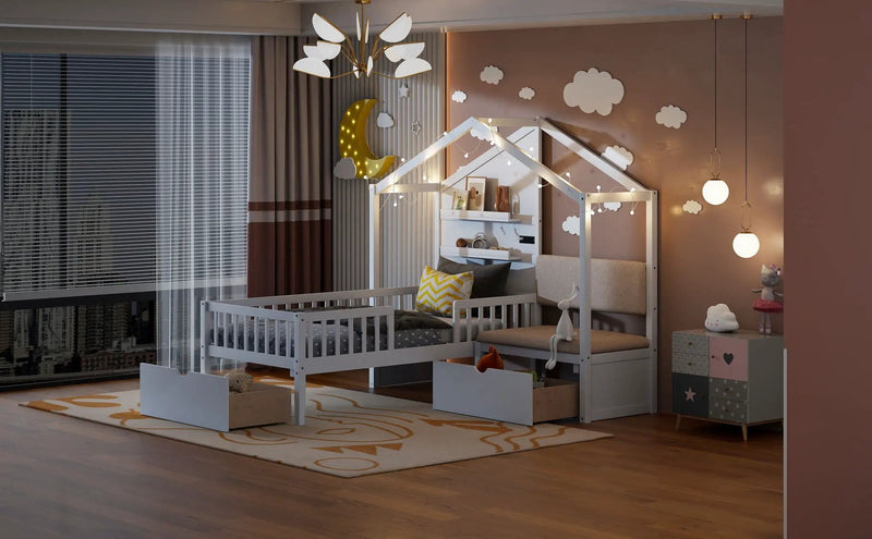 House Bed With Upholstered Sofa, Wireless Charging Station, Shelves And 2 Drawers