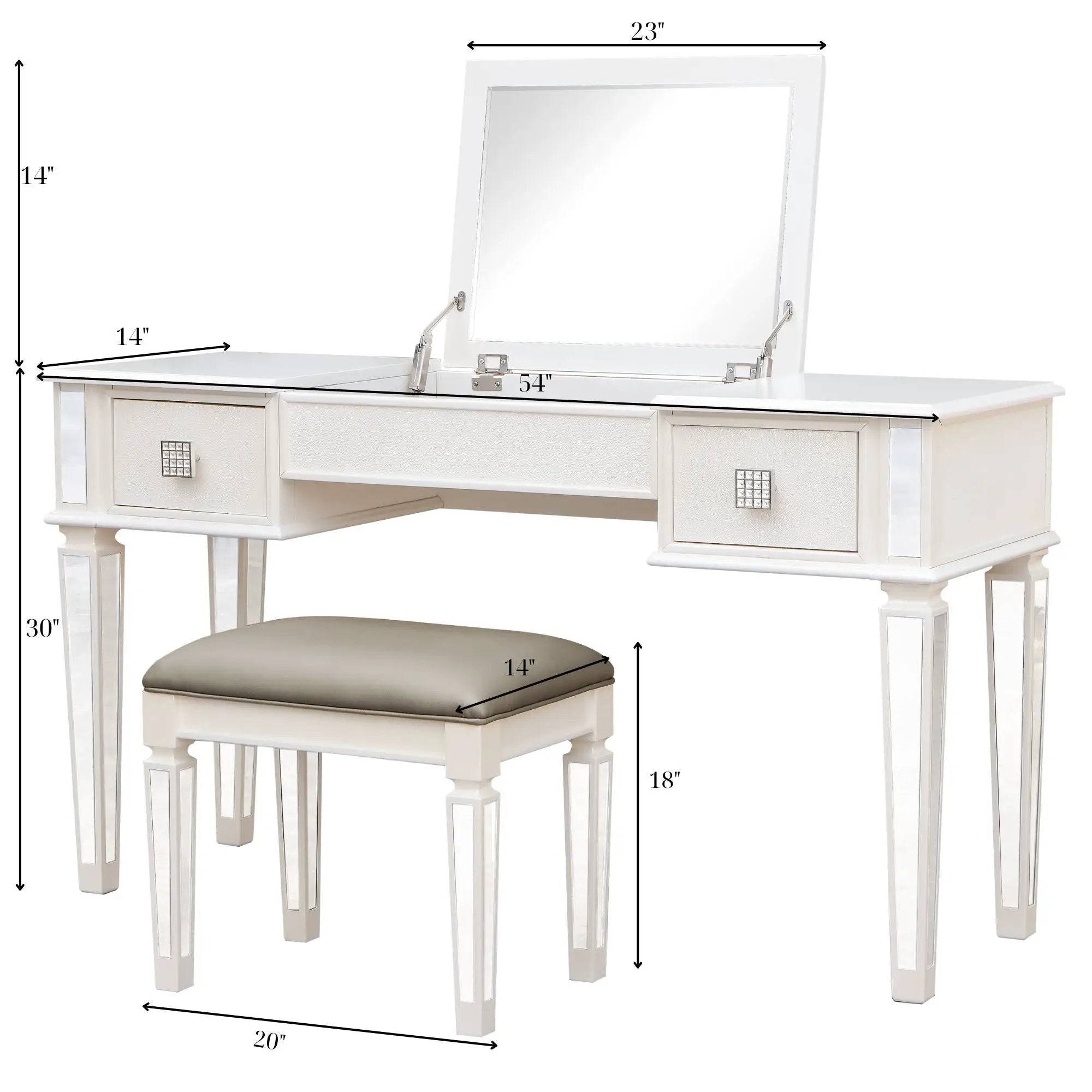 Mirrored Vanity Desk With Drawers And Stool, Flip Up Dressing Table Set For Makeup Room by Unique Piece Furniture