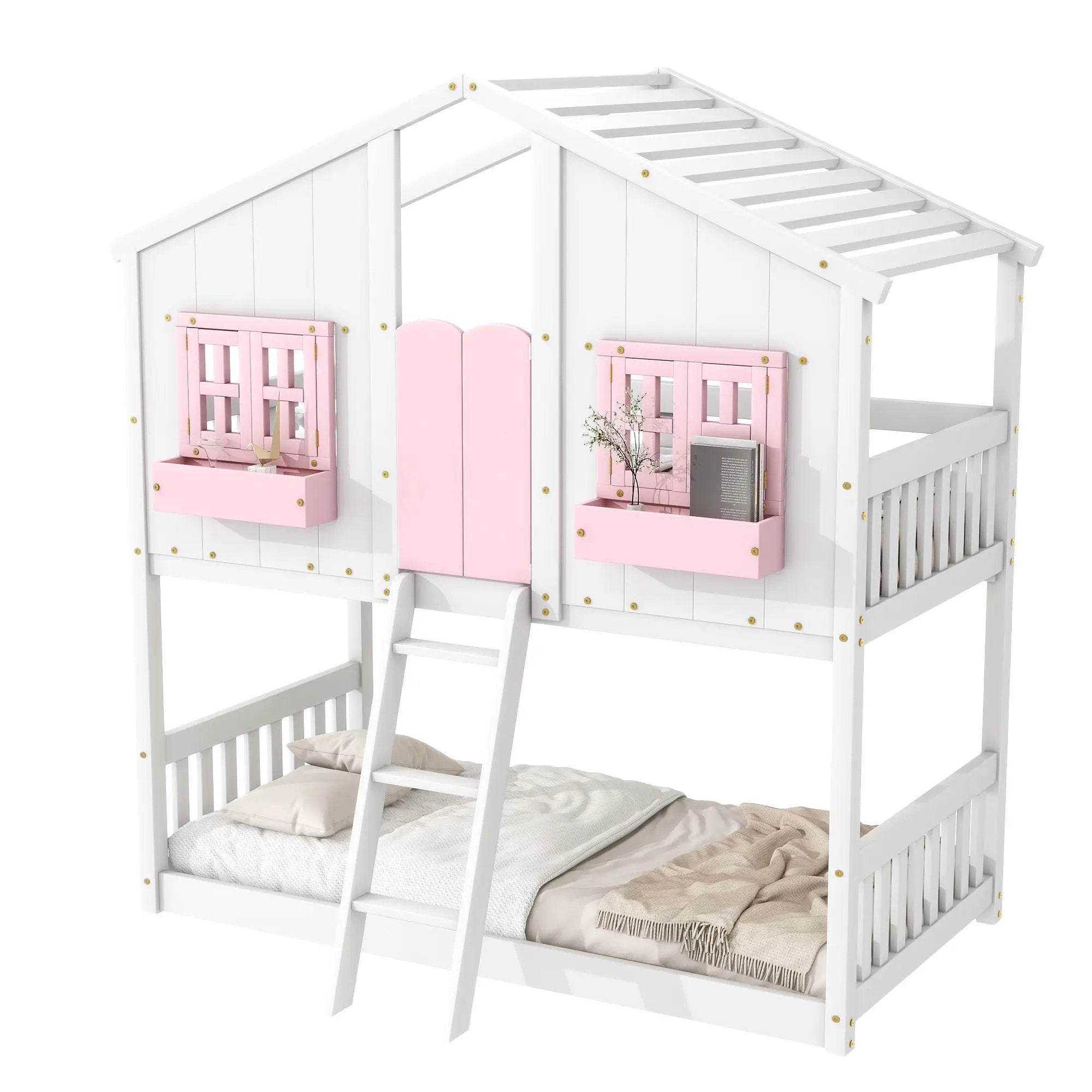 House Bunk Bed With Roof, Window, Window Box, Door, With Safety Guardrails And Ladder by HouseOfZazla