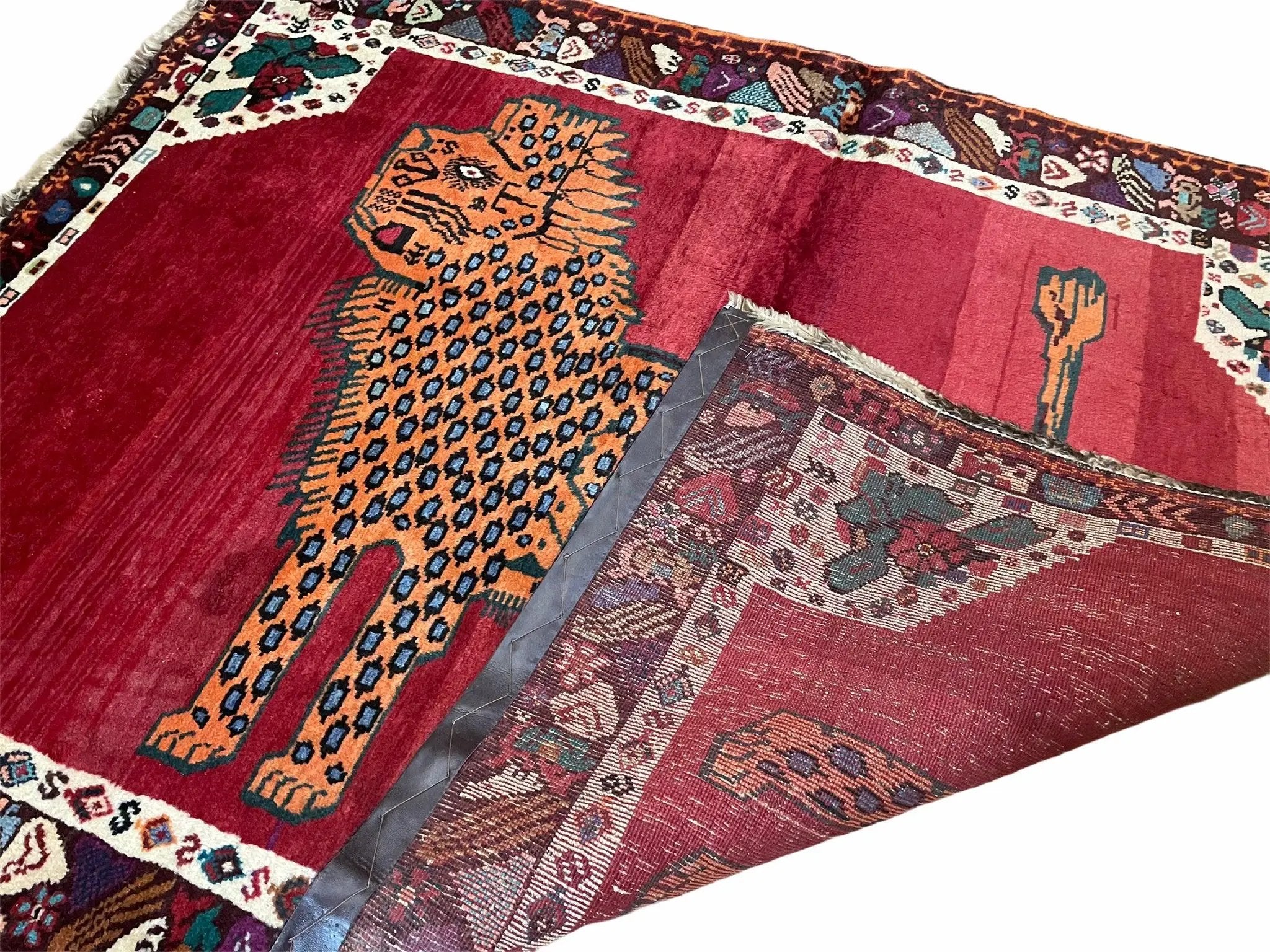 Antique Persian Gabbeh Wool Rug 4x5, Lion Pictorial Rug, Red Orange Black, Hand Knotted Handmade Vintage Gabbeh Carpet 4 x 5 ft, Tribal Rug by Jewel Rugs