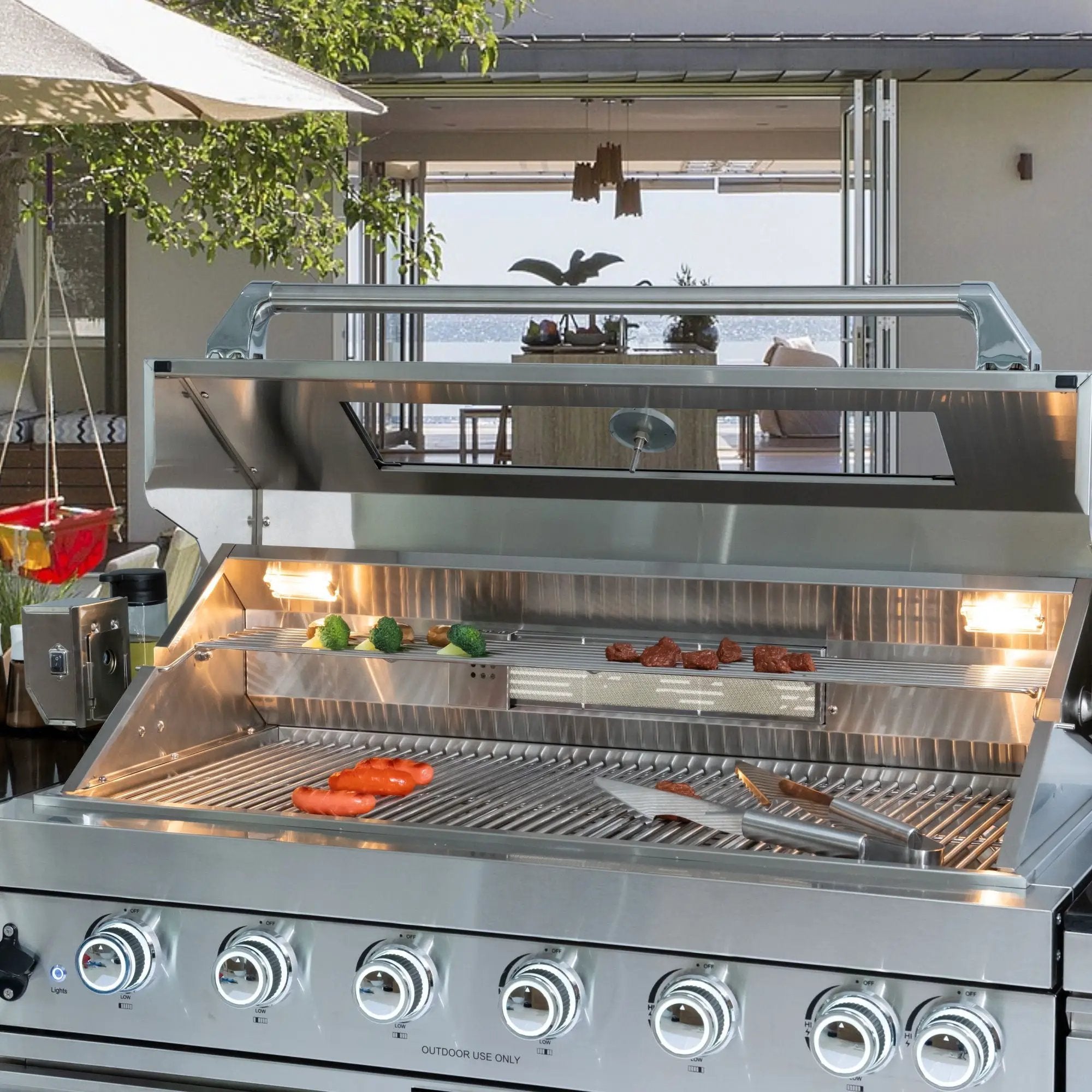 6 Burner 85, 000 Btu Deluxe Gas Outdoor Kitchen Island Grill With Wine Cooler Refrigerator, Rotisserie, Storage Cabinets & Drawers - Silver by HouseOfZazla