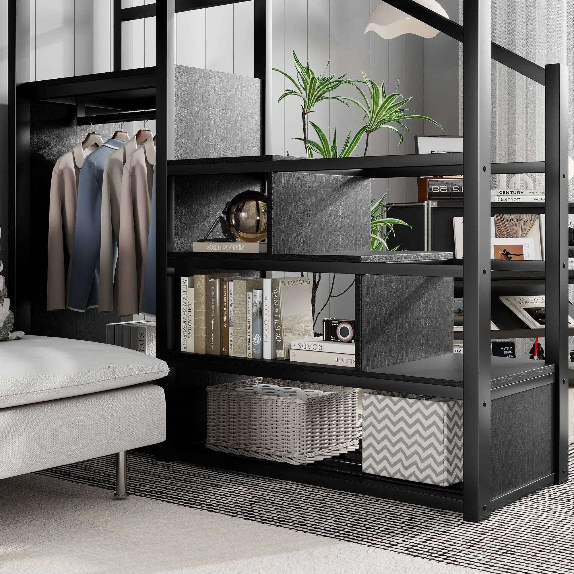 Queen Size Loft Bed With Stairs, Storage Shelves, Wardrobe - Black by HouseOfZazla