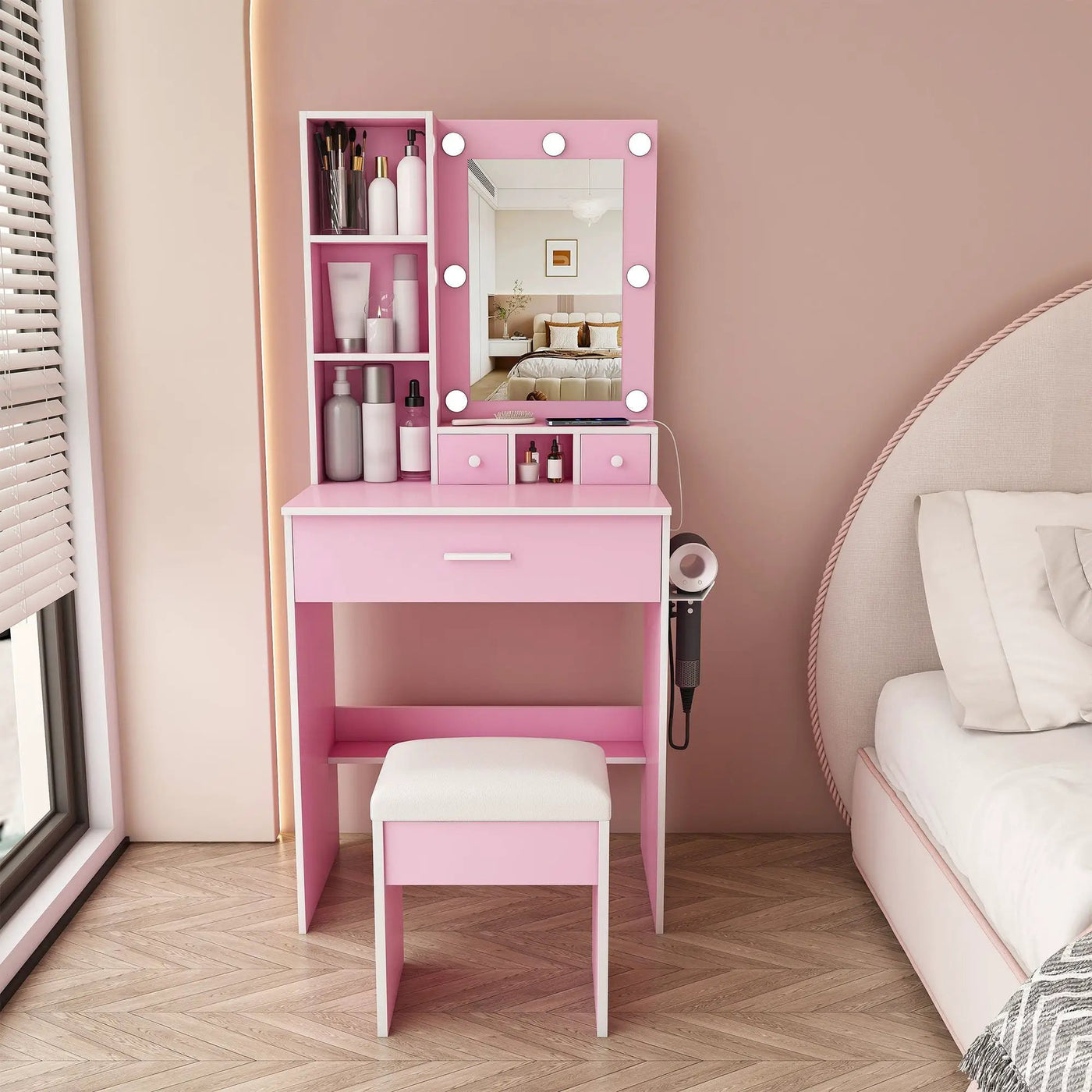 Vanity Table With Mirror, Adjustable LED Lights, Power Outlet, Hairdryer Holder & Stool by Unique Piece Furniture