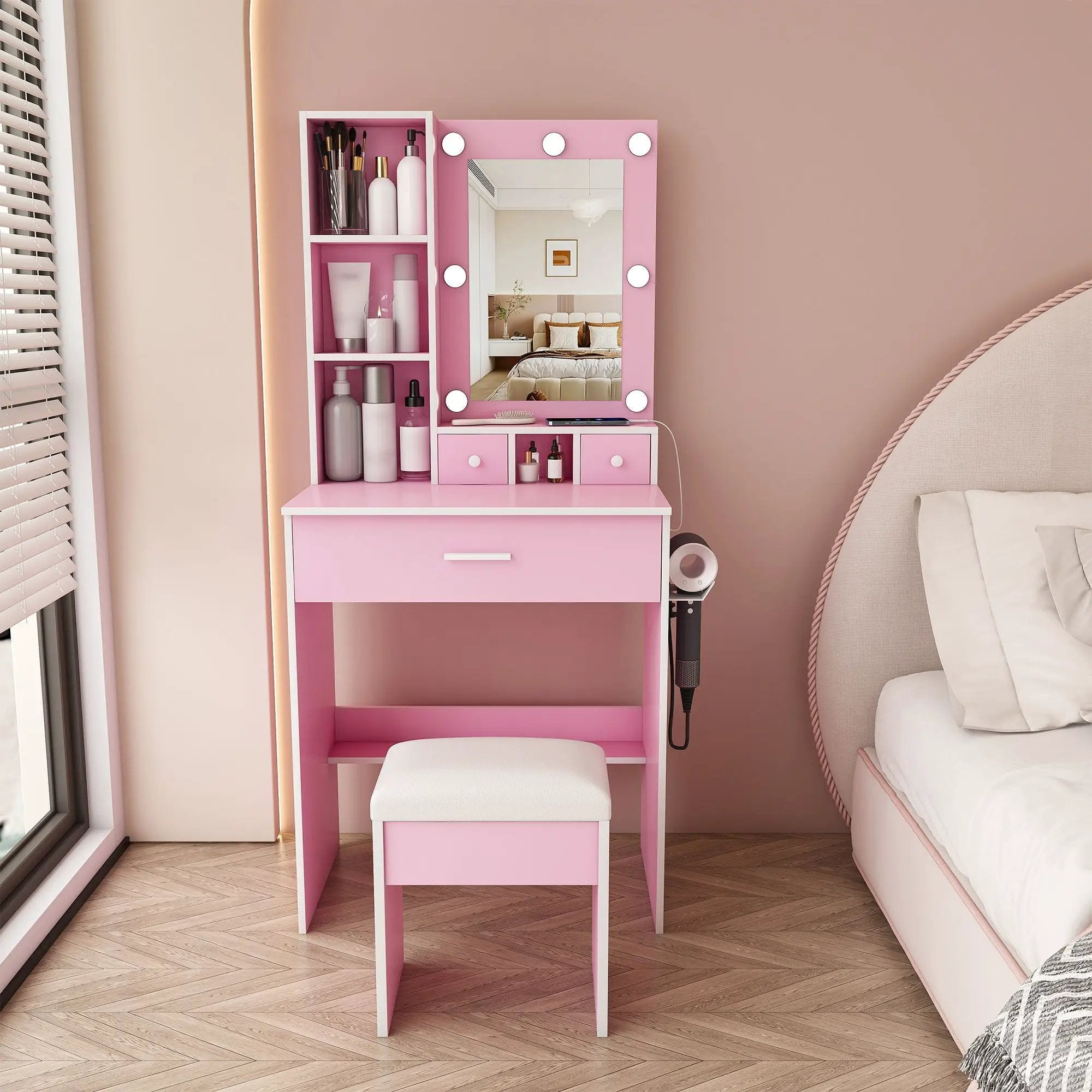 Vanity Table With Mirror, Adjustable LED Lights, Power Outlet, Hairdryer Holder & Stool by Unique Piece Furniture