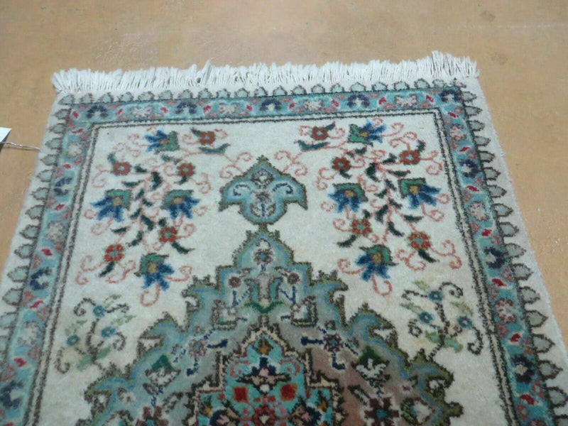 1' 9" X 2' 5" Handmade Indian Wool Rug Lahore Floral Design Small Oriental Rug Beige & Teal by Jewel Rugs