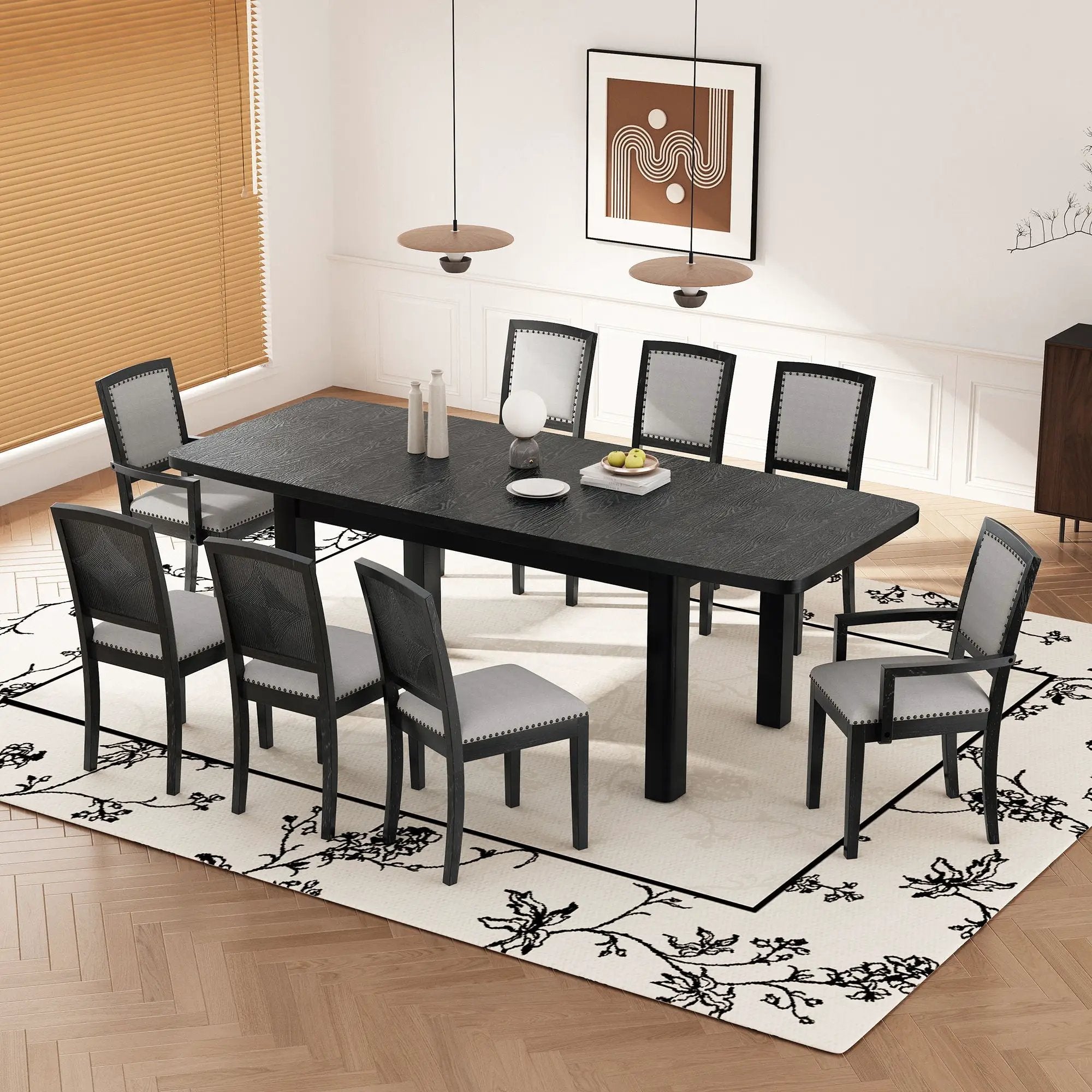 Topmax - Rustic Extendable Dining Table Set With Removable Leaf, 6 Upholstered Armless Dining Chairs And 2 Padded Arm Chairs, 9 Pieces by HouseOfZazla