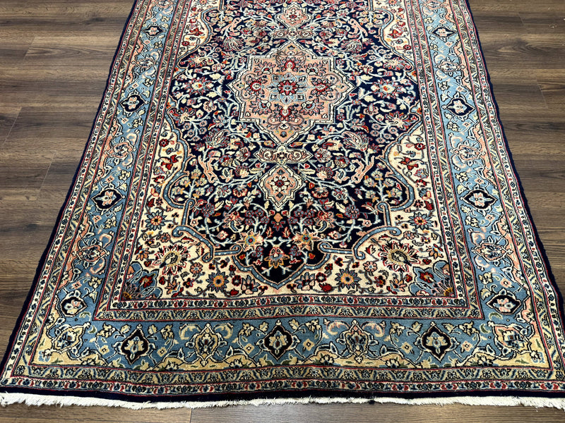 Persian Qum Rug 5x7 in Navy Light Blue and Ivory, Wool wilh Silk Highlights, 225 KPSI by Jewel Rugs